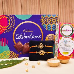 Religious Celebrations Chocolate Pack with Peacock-OM Rakhis, Roli-Chawal & Rakhi Card Mauli Thread Rakhi, Chawal Roli Pack, Greeting Card Set-1