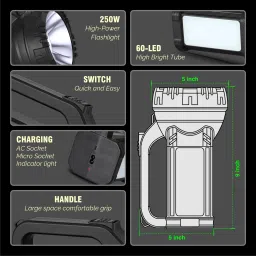 trillsun 250 Watt Long Range Kishan Torch with Hi-Bright Tube rechargeable led light 6 hrs Torch Emergency Light image 4