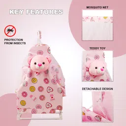 little rides Baby Cradle, 0 to 2 Years, Teddy Cradle with Mattress, Mosquito Protection Net image 5