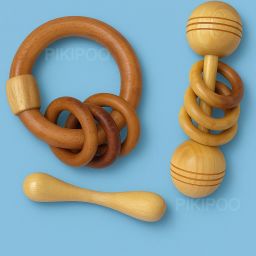 Neem Wood Teethers for Baby Set of 2 | for 3 Months Baby |Two Rattle One Dumbell Teether-8