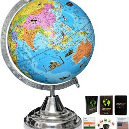 Globe 8 Inch=20.32 cm and 52 Countries Trump Cards, Steel Arc Base, Multicolor Monuments Map, Blue Ocean for Kids School Home Office Laminated Political Geography Study World Globe-23