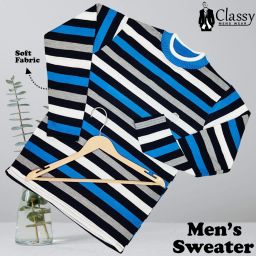 Men Striped Round Neck Blue Sweater-image-3