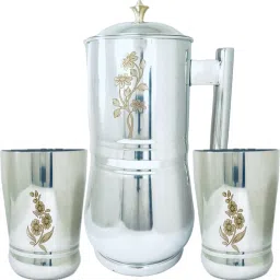 Artha Jug Glass Set pack Of 3 -Stainless Steel Mirror Polished And Laser Printed 2 Litre Water Jug With Brass Knob on lId And 2 Heavy Duty Glasses 400 Ml Each Weigh 100 Gram Each Glass And 500 Gram Water Jug Jug Glass Set-image-16