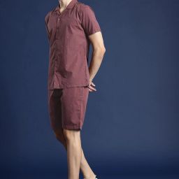 Men Night Suit Set Maroon Solid-image-56