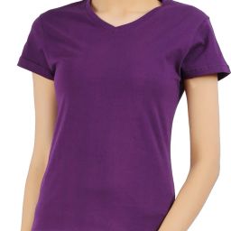 Women Solid V Neck Cotton Blend Purple T-Shirt-image-55
