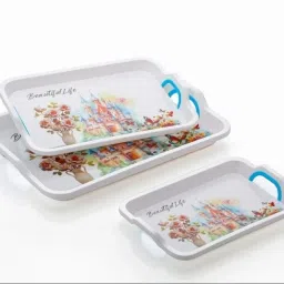 White Flower print Melamine Dinner & Breakfast Serving Tray, Set of 3 Tray-image-7