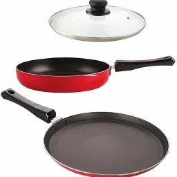 Nirlon Non-Stick Aluminium Cookware Set,(Flat Tawa|Fry Pan|1 Glass Lid) Tawa 27 cm, 24 cm diameter with Lid-image-4