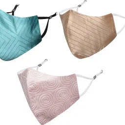 Anti-Pollution, Anti-Bacterial (BFE>99%) 4 Layer Embroidered, Designer, Fashionable & Protective Satin Cloth Face Mask Combo for Women, Girls with Detachable Chain & Size Adjustable Ear Loops Tripento_Combo_Large_03 Reusable, Washable Cloth Mask-18