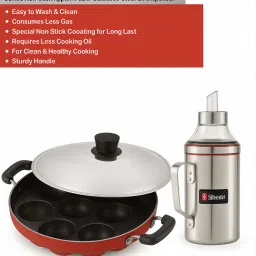 Combo Non-Stick Aluminum Appam Patra & Stainless Steel Oil Dispenser Bottle Paniarakkal Set with Lid 1000 L capacity 22 cm diameter-image-51