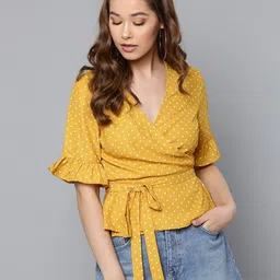 harpa Casual Bell Sleeves Polka Print Women Yellow Top-picture-8