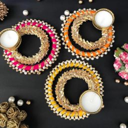 Decorative Velvet Tealight Holders Multicolor Round Diya Set for Diwali Wooden 3 - Cup Tealight Holder Set-image-21