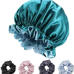 Satin Silk Bonnet for Hair with 4 Satin Scrunchies,Satin Bonnet Curly Hair(Teal)-image-14