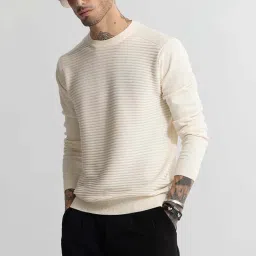 Men Self Design Crew Neck White Sweater-image-30