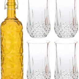 Bottle & 4 Glass Serving Lemon Set, Yellow, Clear, Glass - A1161 Jug Glass Set-image-15