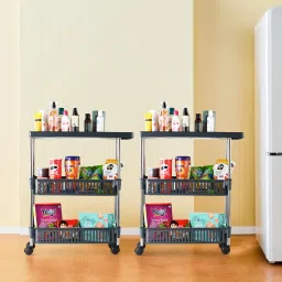 Pack of 2 Multipurpose Slim 3-Layer Storage Trolley Rack with Wheels | Gray Plastic Kitchen Trolley-46