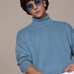 Men Striped Turtle Neck Blue Sweater-image-15