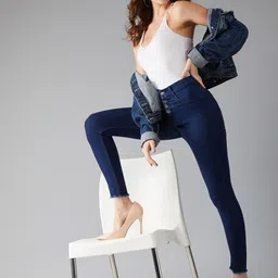 DOLCE CRUDO Women Navy Blue Skinny Fit High-Rise Clean Look Stretchable Cropped Jeans-picture-13