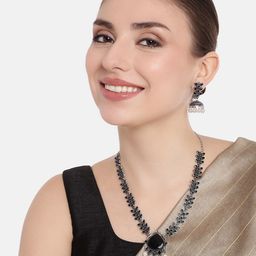 AITIHYA Oxidised Silver-Plated Stone Studded Necklace & Jhumka Earrings Jewellery Set-image-52