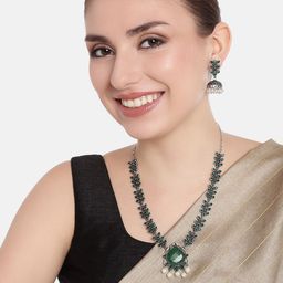 AITIHYA Oxidised Silver-Plated Stone Studded Necklace & Jhumka Earrings Jewellery Set-image-53
