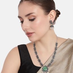 AITIHYA Oxidised Silver-Plated Stone Studded Necklace & Jhumka Earrings Jewellery Set-image-25