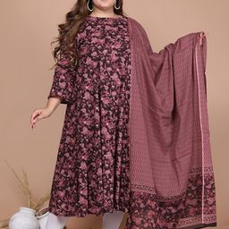 MIRAVAN Plus Size Floral Printed Boat Neck Pure Cotton Anarkali Kurta With Dupatta-picture-3