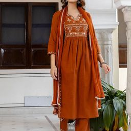 EthniFlair Women Ethnic Motifs Embroidered Pleated Aari Work Pure Cotton Kurta Set-picture-18
