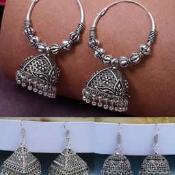 NVR Women Set of 3 German Silver OxidisedSilver Plated Dome Shaped Jhumka Earrings-55