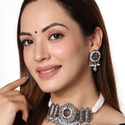 Yellow Chimes White Stone-Studded & Beaded Silver-Plated Pink Choker Jewellery Set-picture-0