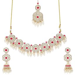 Peora Gold Plated Rani Pink Faux Ruby CZ & Beads Studded Necklace Set-image-54