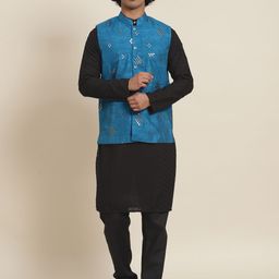 SOJANYA Men Black Pure Cotton Kurta with Pyjamas & Nehru Jacket-picture-28
