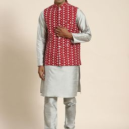 SOJANYA Men Woven Design Kurta with Churidar with Nehru Jacket-image-75