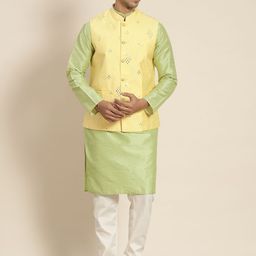 SOJANYA Men Woven Design Kurta with Churidar with Nehru Jacket-14