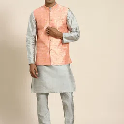 SOJANYA Men Woven Design Kurta with Churidar with Nehru Jacket-image-80