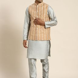 SOJANYA Men Woven Design Kurta with Churidar with Nehru Jacket-15