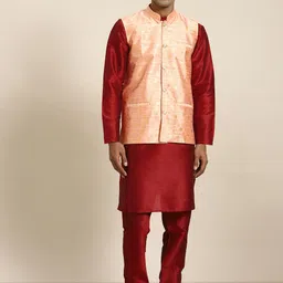 SOJANYA Men Woven Design Kurta with Churidar with Nehru Jacket-image-26