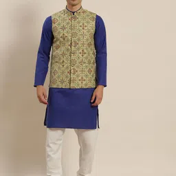 SOJANYA Men Blue Pure Cotton Kurta with Churidar & Nehru Jacket-picture-33