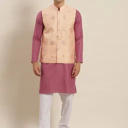 SOJANYA Men Pink Pure Cotton Kurta with Churidar & Nehru Jacket-21
