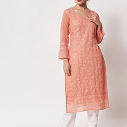 VAIRAGEE Women Peach-Coloured Ethnic Motifs Embroidered Chikankari Georgette Kurta-picture-18