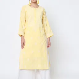 PARAMOUNT CHIKAN Women Yellow & White Floral Embroidered Chikankari Cotton Straight Kurta-picture-6