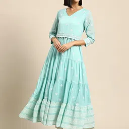INDYES Women Turquoise Blue & White Embellished Tiering Anarkali Kurta-44