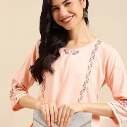 SHOWOFF Women Peach-Coloured Cotton Embroidered Keyhole Neck Thread Work Kurta-image-66