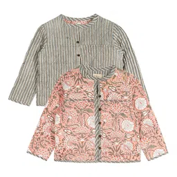 My Little Lambs Girls Peach-Coloured Striped Reversible Jacket-image-55