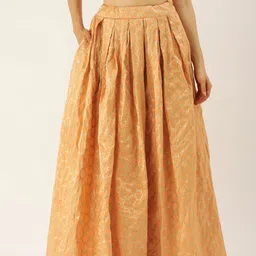 Ethnovog Made To Measure Peach-Coloured Brocade Pleated A-Line Skirt-image-21