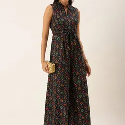 Ethnovog Women Navy Blue Made To Measure Foil Print Basic Jumpsuit with Waist Tie-Ups-image-68