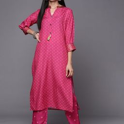 Varanga Women Pink Bandhani Printed Sequinned Kurta with Trousers-picture-14