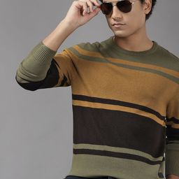 The Roadster Lifestyle Co. Men Olive Green & Brown Striped Sweater-image-64