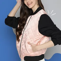 Mast & Harbour Women Dusty Pink & Black Geometric Quilted Jacket-picture-8