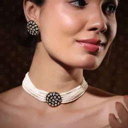Rubans Multi-Layered Pearl Beaded Kundan Studded Choker Necklace Set with Round Design-44
