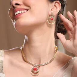 Rubans 22K Gold-Plated Ruby & Cubic Zirconia Traditional Necklace Set with Pearl Drops-7