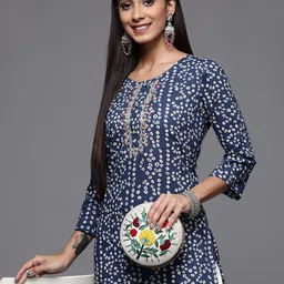 Varanga Women Blue & White Bandhani Printed Gotta Patti Straight Cotton Kurta-image-84
